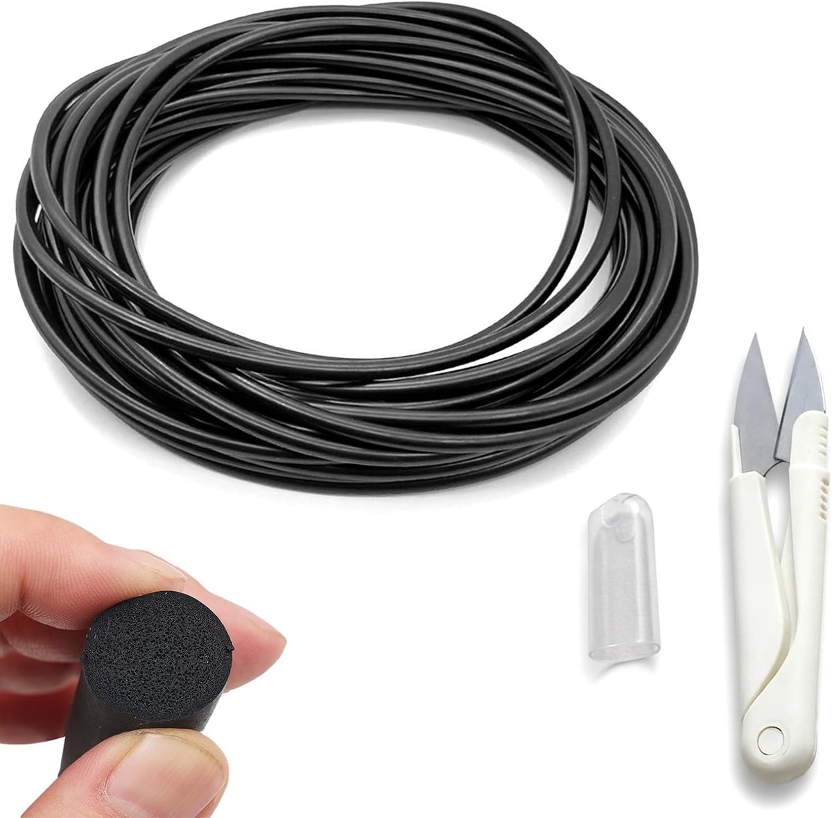 Flexibele zwarte rubberen afdichtstrip Ø 4 mm x 10 m voor voegen, deuren en ramen, inclusief schaar voor eenvoudig knippen