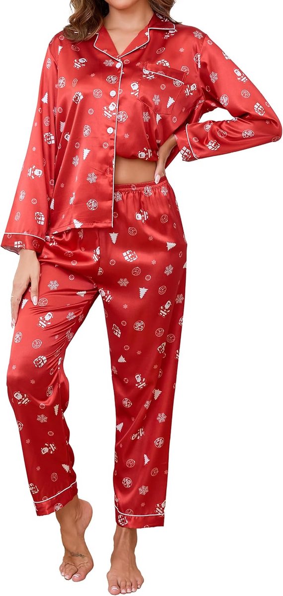 Damespyjama van zijde, 2-delige satijnen pyjama's met lange mouwen en knopen en bijpassende broek, lichte en ademende nachtkleding voor dames voor thuis