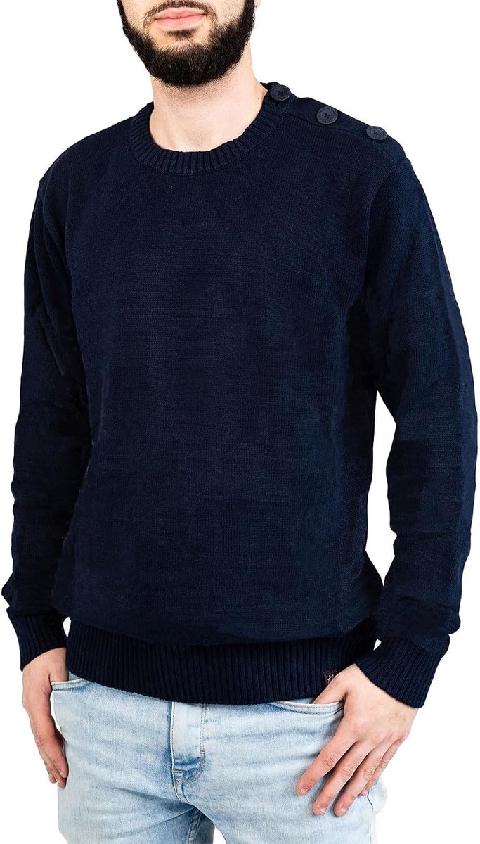 Ocean - Herentrui - gestreepte zeemantrui - Bono - ecru marineblauw - effen marineblauw, Marineblauw, XS