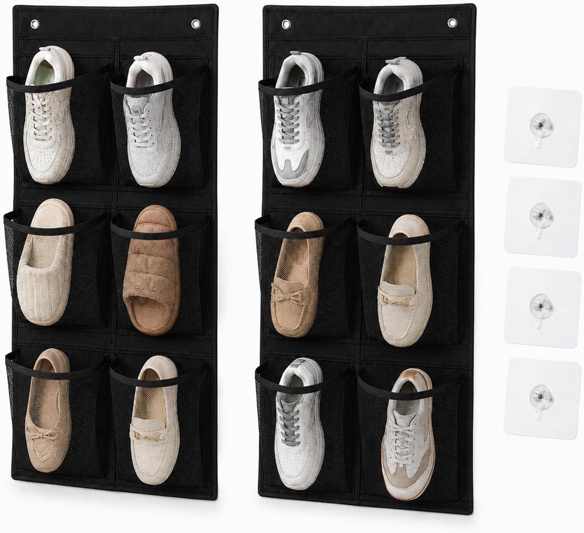 Hangende schoenenorganizer - Zwart - 76,5 x 34 cm - 12 Vakjes met Zelfklevende Haken - Voor Kleine Ruimtes en Campinggebruik