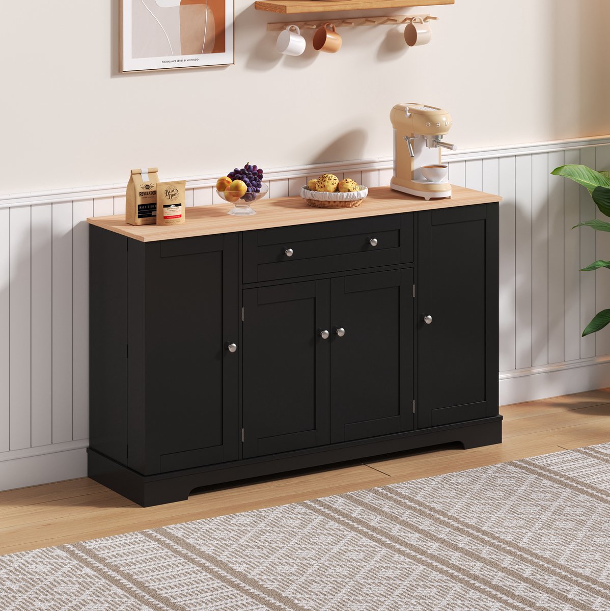 MEUNIQ Buffetkast 138 x 40 x 85 cm met lade, deuren, verstelbare planken en antikantelvoorziening - opbergkast voor keuken, eetkamer en woonkamer - Zwart