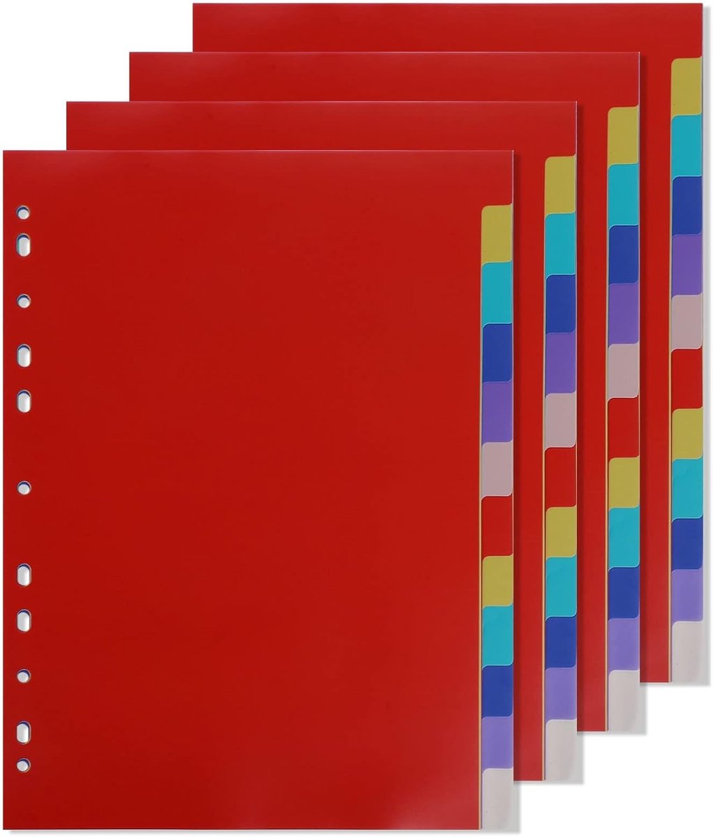 Set van 4 mappen met 12 delen, 48 tabs voor A4-mappen, 11 gaten, scheidingsbladen en organisatie in meerdere kleuren