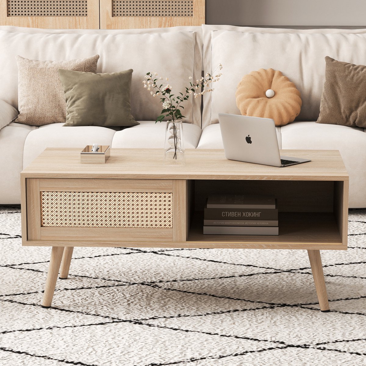 MEUNIQ Salontafel 105 x 55 x 41,5 cm met rotan schuifdeur en open vak, MDF tafel met houten poten en opbergruimte voor woonkamer, naturel Natuurlijk hout