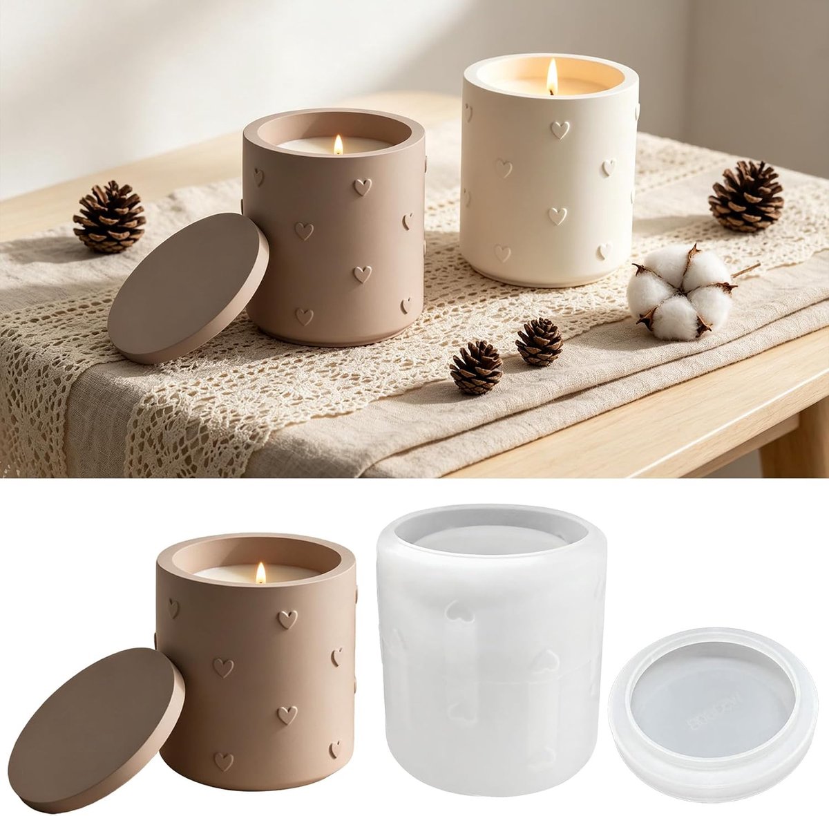 Silicone kaarsenhouder met deksel - ronde vorm - hartmotieven - ideaal voor DIY kaarsen - ShopVlot
