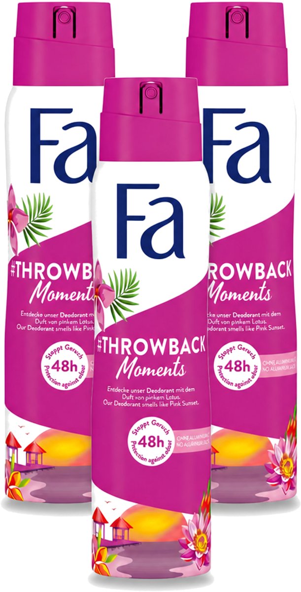 3 x Fa - Deodorant Spray - Throwback Moments - Roze Lotus - 48 uur Bescherming - 150 ml - Bulkverpakking - 3 stuks