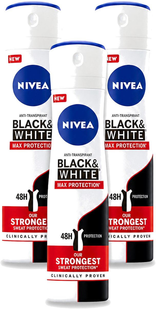 3 x Nivea - Deodorant - Spray - Black & White Max Protection - 150 ml - Bulkverpakking - 3 stuks