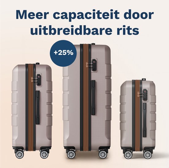 Drie roségouden koffers, waarvan de middelste met uitbreidbare rits (+25%).