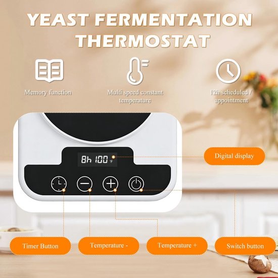Verwarmingsmat voor zuurdesemstarter - Digitaal display - Timer van 1–12 uur - Warmhoudplaat - Nauwkeurige temperatuurregeling 21–38°C - Geschikt voor brooddeeg‑fermentatie en thuisbakken - ABS - Wit - Fermentatieverwarmer - Thermostaat — afbeelding 4