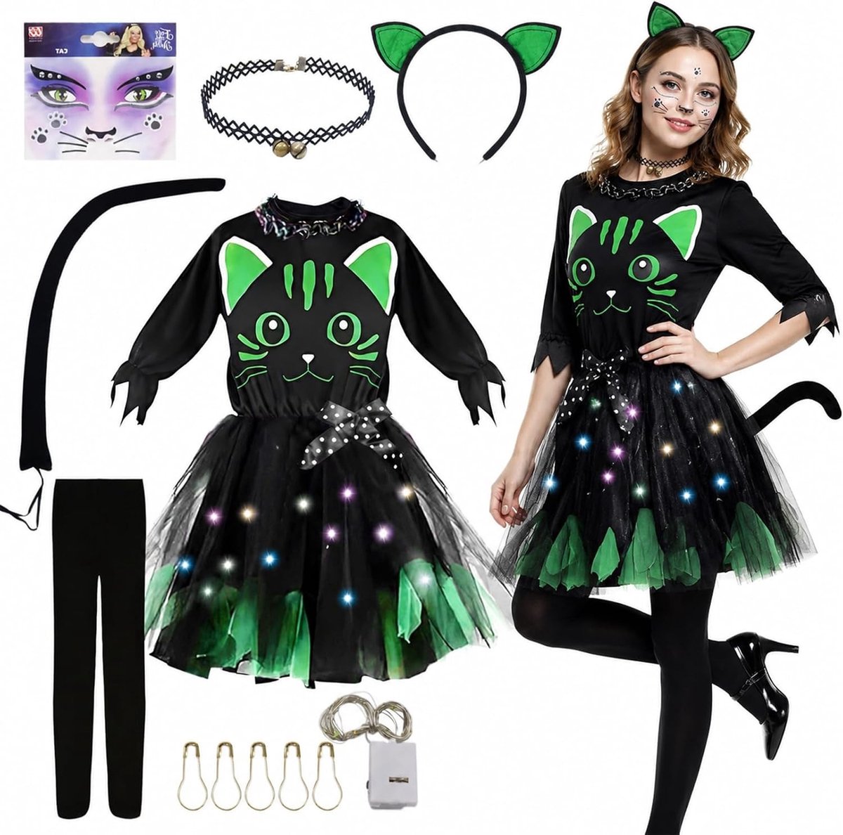 Vrouwelijk Kattenkostuum, 6-delig met Jurk, Oren, Staart, Kettingen en Stickers voor Halloween, Carnaval en Cosplay