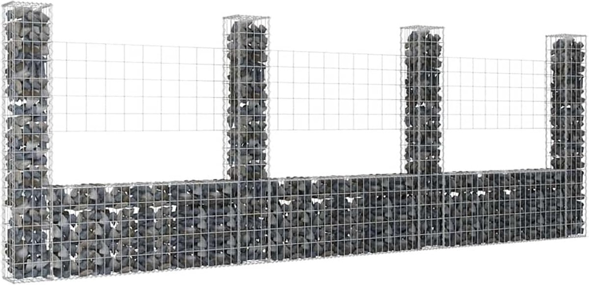 U-vorm met 4 zuilen schanskorven steenkorven steenkorf schanskorven muur zuilkorf voor de tuin ijzer zilver 380x20x150 cm