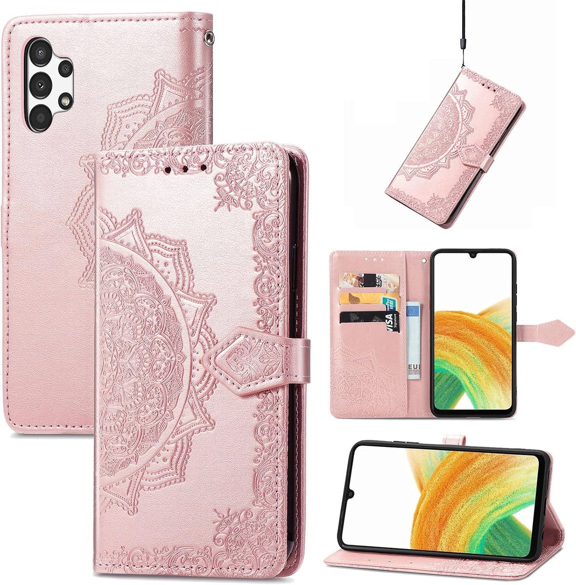 Hoesje voor Samsung Galaxy A13 4G, premium lederen flip portemonnee hoesje met [kaartsleuven] [kickstand] [handriem] mandala-bloem reliëf schokbestendige beschermhoes voor Galaxy A13 4G, rosé goud