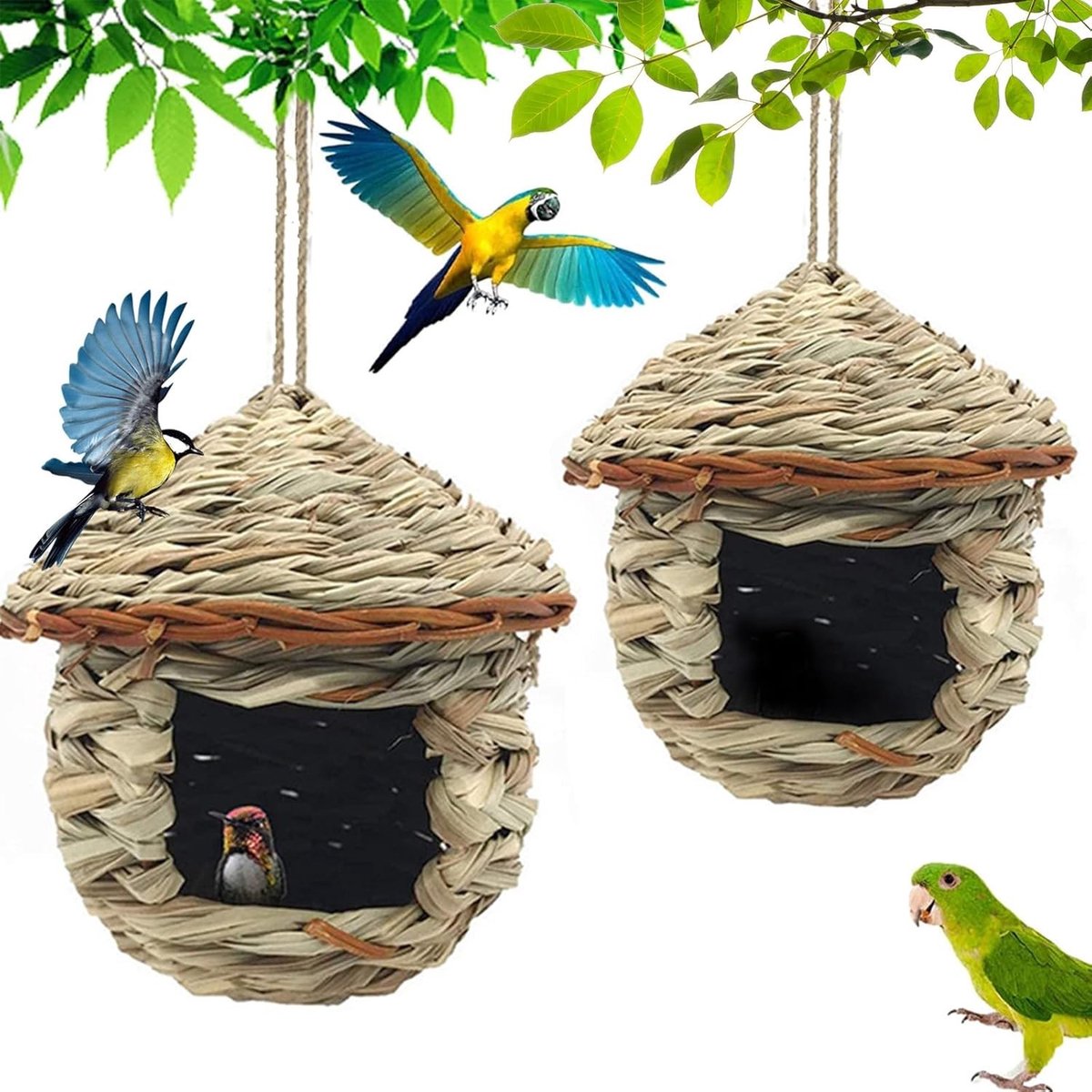 Natuurlijke vogelhuisjes set van 2, hangende nestjes voor kleine vogels zoals kolibries en meesjes, ideaal voor buitengebruik