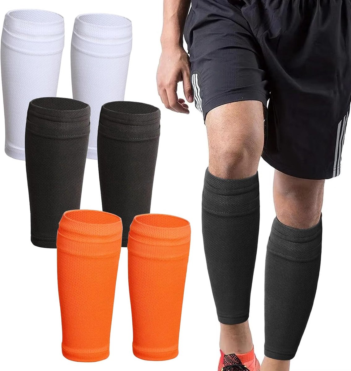 Scheenbeschermers, sokken, anti-slip steunhouders, voetbal, scheenbeschermers, houder voor kinderen, volwassenen en beginners, zwart, wit, oranje