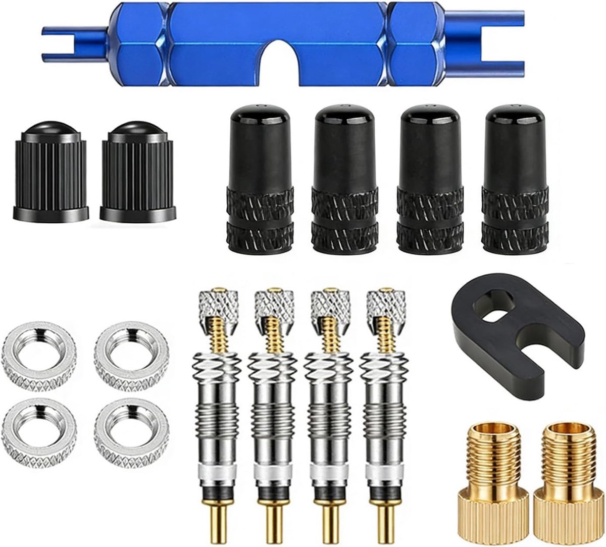 18-delige Presta-ventieladapterset, messing fietsventielaccessoires met ventieldoppen en ventielsleutel, reserveonderdelen voor fiets, racefiets, mountainbike, tubeless ventielen, reizen en onderhoud