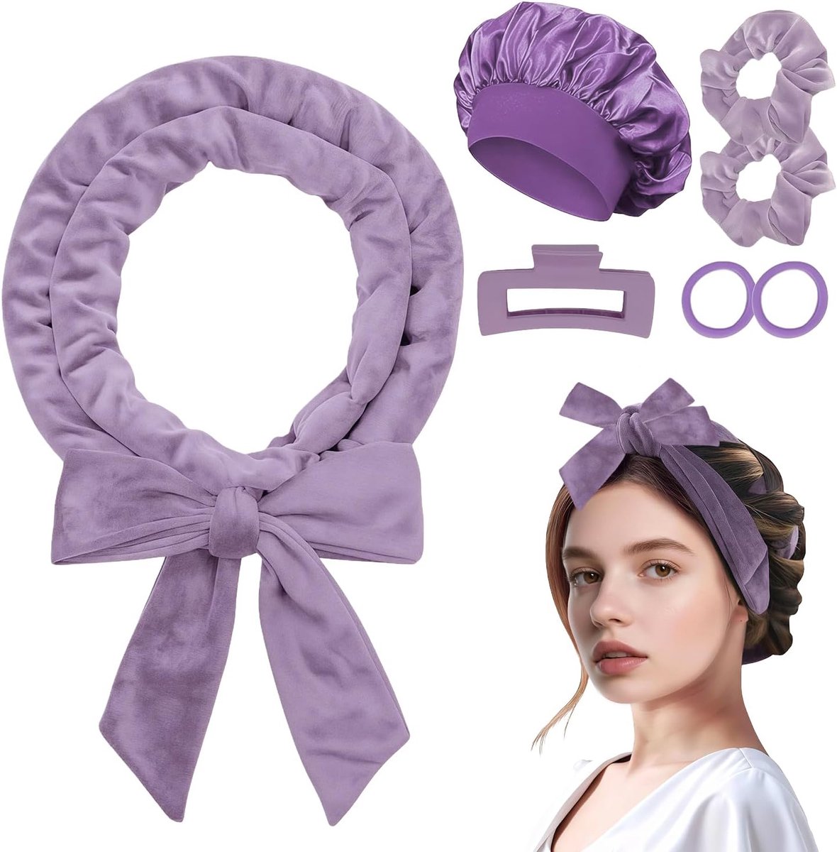 Curler Set voor Krullen Zonder Hitte, Curling Rod met Slaapmuts, Clips & Haarrubbers voor Lang Haar (Paars)
