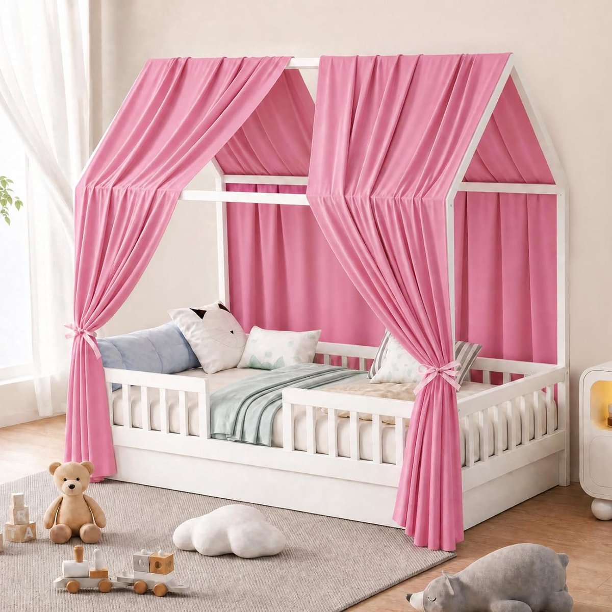 Hemelbed, roze, set van 2, H 350 x B 135 cm, kinderen, hemelbed, gordijnen, mousseline met ademend en zacht, bedhemel, huisbed, decoratie voor baldakijn, kinderbed, kinderkamer