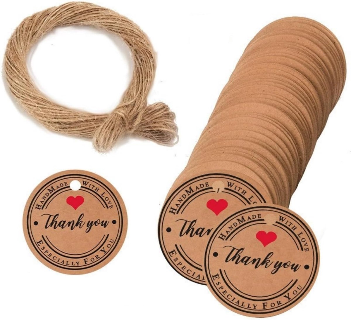 100 stuks kraftpapier, ronde labels, handgemaakt met liefdehanger, bruin, cadeaulabels, 3 cm, met jute koord, 20 meter, voor geschenken en doe-het-zelfprojecten