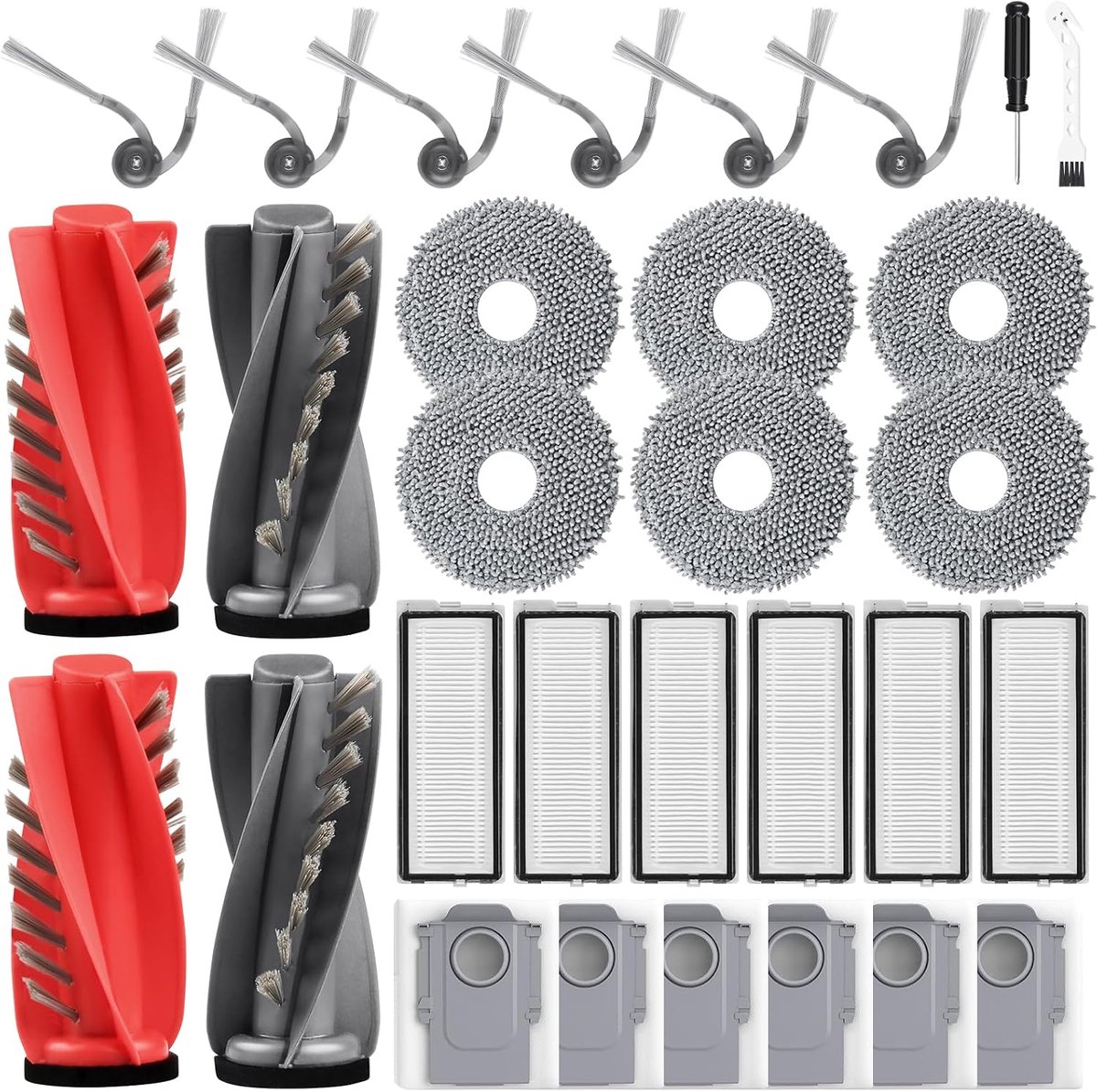 30 stuks accessoires voor Roborock Qrevo Curv, Qrevo Curv S5X, Qrevo Edge S5A & Qrevo S5V robotstofzuigers | 4 hoofdborstels, 6 stofzakken, 6 filters, 6 doekjes, 6 zijborstels |