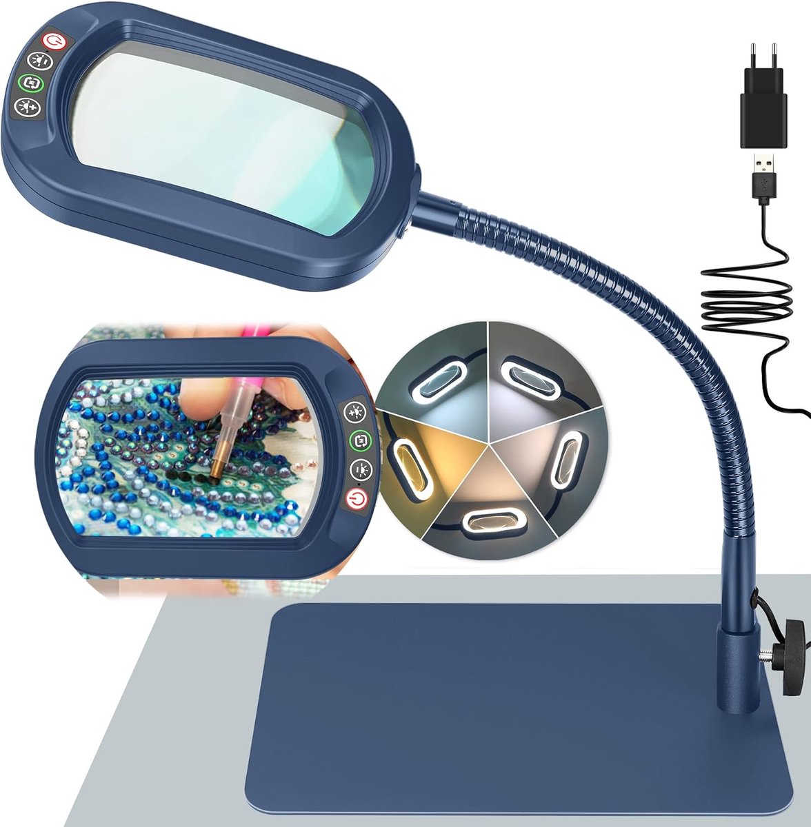 12X Rechthoekig Vergrootglas met Licht en Standaard, Echt Glazen Loeplamp, 5 Kleurmodi Traploos Dimbaar, Flexibele Zwanenhals LED-verlichte Bureaulamp, Vergroting Bureaulamp om te Naaien Blauw