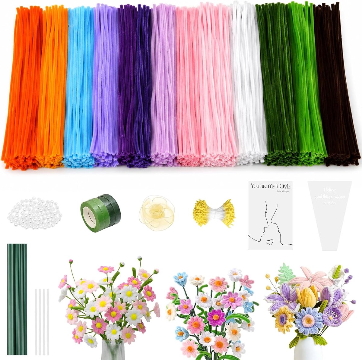 800 stuks pijpenreinigers bloemen set, 13 kleuren pijpreinigers om te knutselen voor doe-het-zelf, met 50 stuks groene bloemendraad, lint, plakband en stofblaadjes. Ideaal voor Kerstmis en Moederdag-2