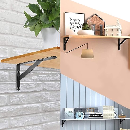 Hoekbeugels voor Muurbevestiging - Set van 4 Sterke Hoeksteunen voor Planken in Woonkamer, Slaapkamer en Keuken - Zwart — afbeelding 5