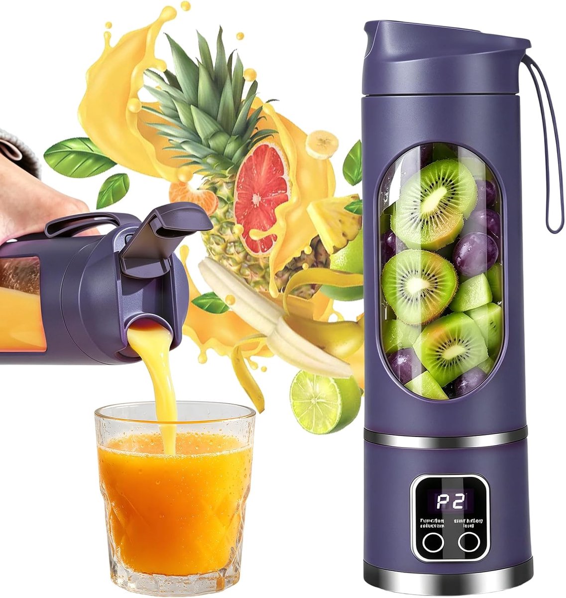Mixer, 450 ml, oplaadbare mini-blender met led-display en 12 messen, compacte smoothie maker voor shakes, sport, reizen en outdoorgebruik onderweg (paars)