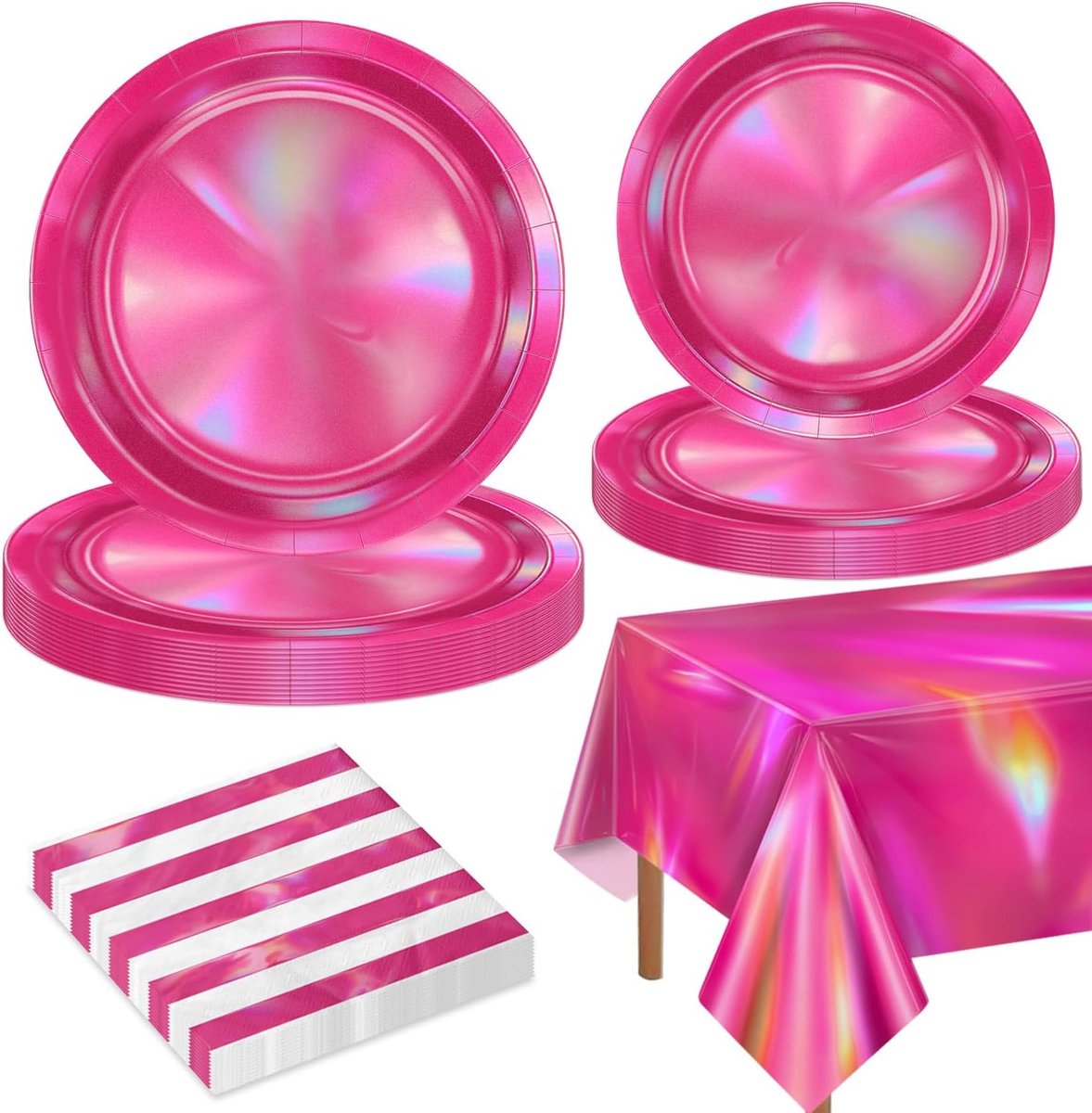 Hot pink feestdecoraties voor 20 gasten, holografisch felroze servies set omvat iridescente papieren borden, servetten, tafelkleden voor meisjes verjaardagsfeest, babyshower
