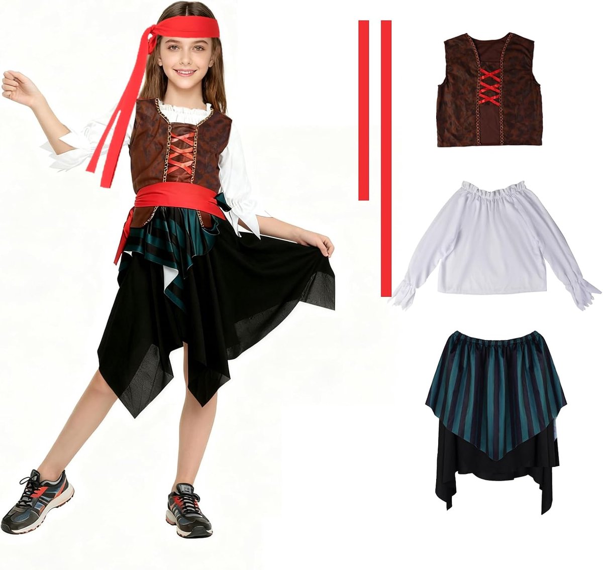 Piratenkostuum voor kinderen, 5 stuks, bevat bovenstukken, jassen, rokken, hoofddoeken en riem, voor Halloween meisjes