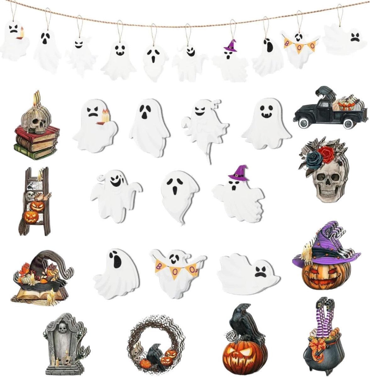 Ornamenten-Halloween Hanging-Decoratie - Kerststal Houten Hangers met Hangende Snaren, Vakantie Kerstballen Thuis Feestelijke Feestartikelen Ambachten Decor voor Kerstboom (30