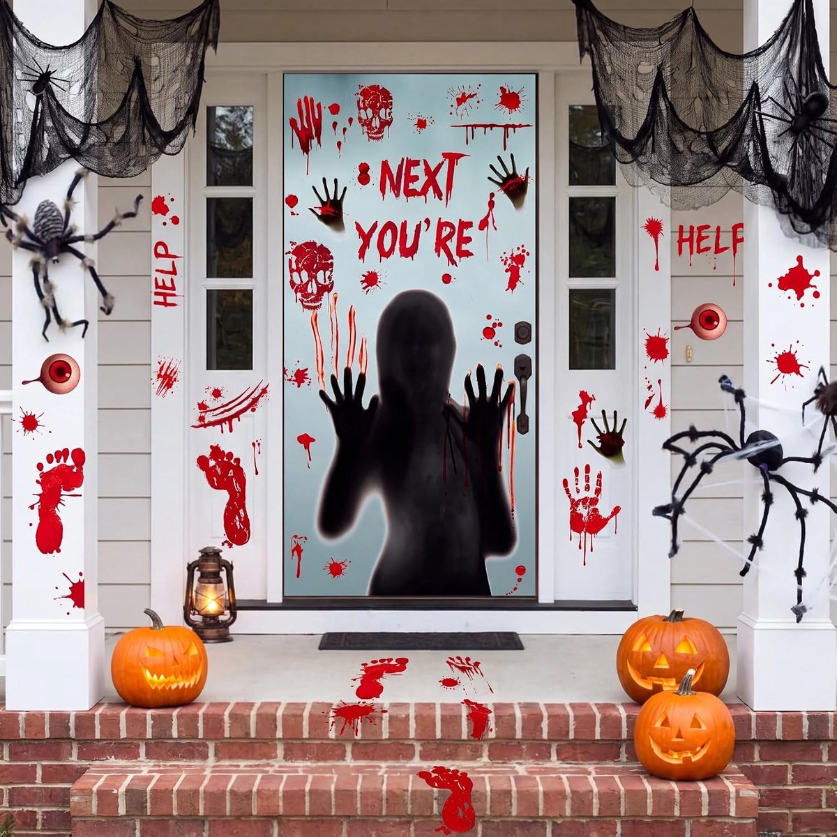 Raamstickers, griezelige spookfiguren, bloedige hand- en voetafdrukken, muursticker voor Halloween-party, decoratieset voor buiten, tuin en spookhuis, herbruikbaar