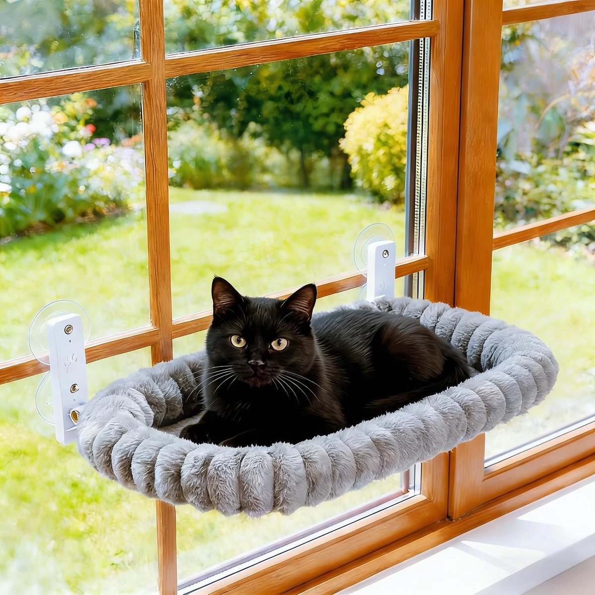 Vensterligstoel, opvouwbaar, met 4 zuignappen, stabiel kattenbed en hangmat voor vensterbank tot 20 kg, machinewasbaar, wit/grijs, L-52 cm