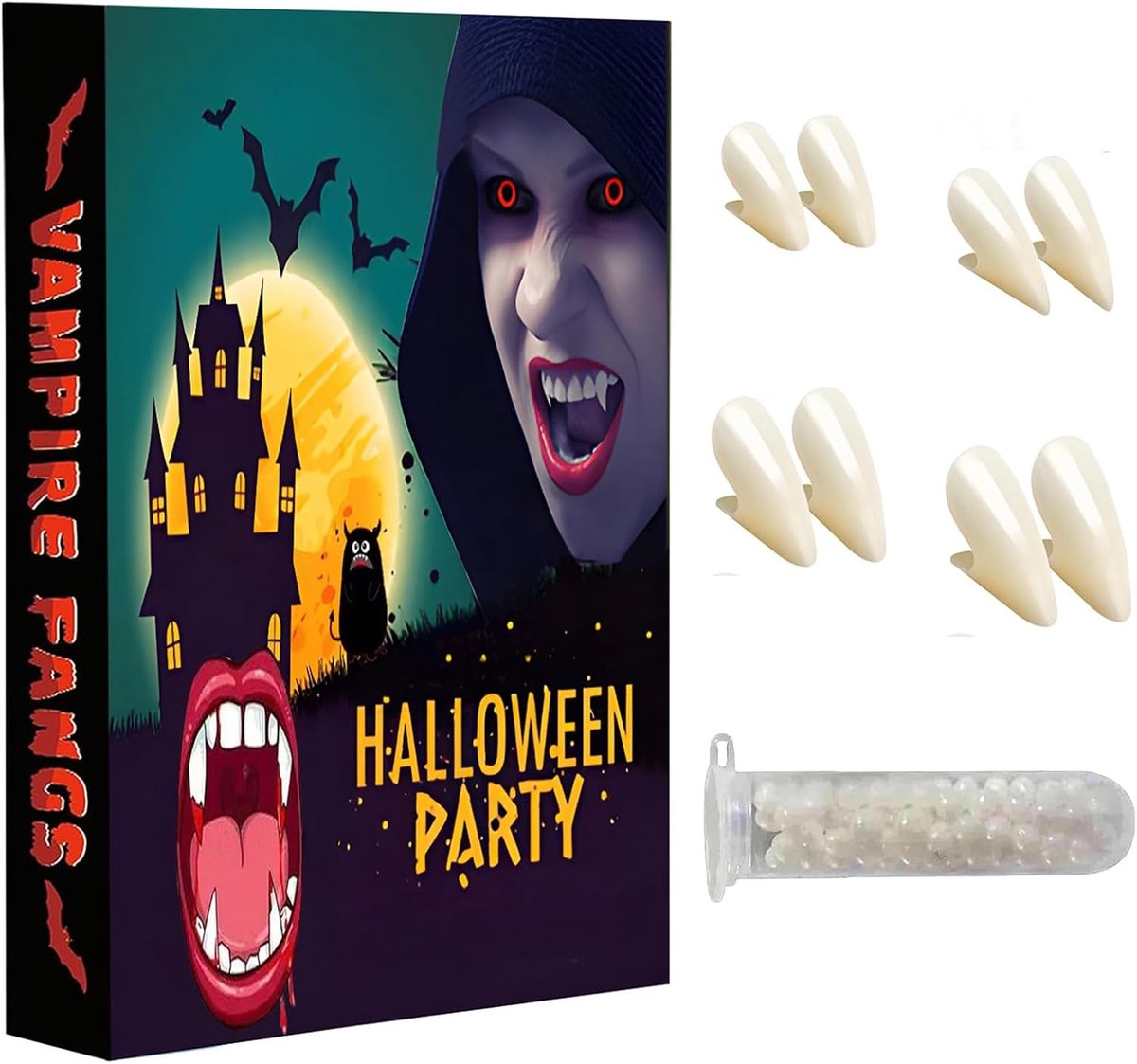 Vampier Tanden Set van 5 Stuks met 4 Maten voor Cosplay, Halloween en Feestjes - Kunsttanden en Lijm voor Demon, Zombie en Heks Kostuums