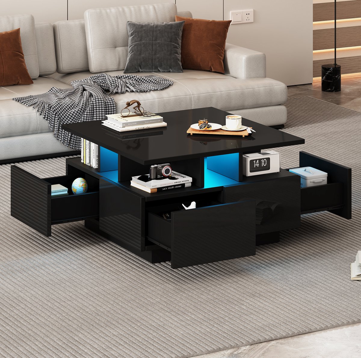 MEUNIQ Vierkante salontafel 70 x 70 x 40 cm met LED-verlichting, app-bediening, 4 lades en 3 lagen opbergruimte voor woonkamer, zwart hoogglans