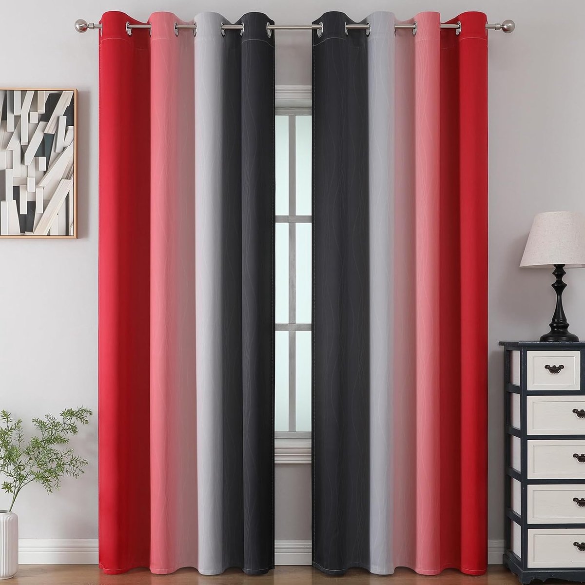 kleurverloop kinderkamer gordijnen met ringen voor woonkamer gordijnen, ombre thermogordijn koudebescherming gordijn, H 244 x B 132 cm, rood en zwart, set van 2 verduisterende gordijnen