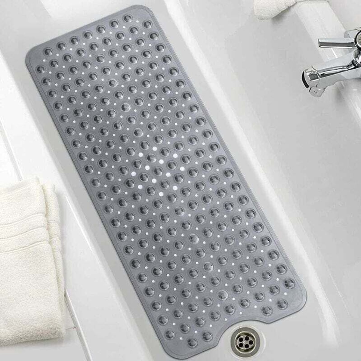 Extra lange badmat geschikt voor sterke zuignappen, antislip, gemaakt van PVC, machinewasbaar, schimmelwerend en antibacterieel, 40x100cm (grijs).