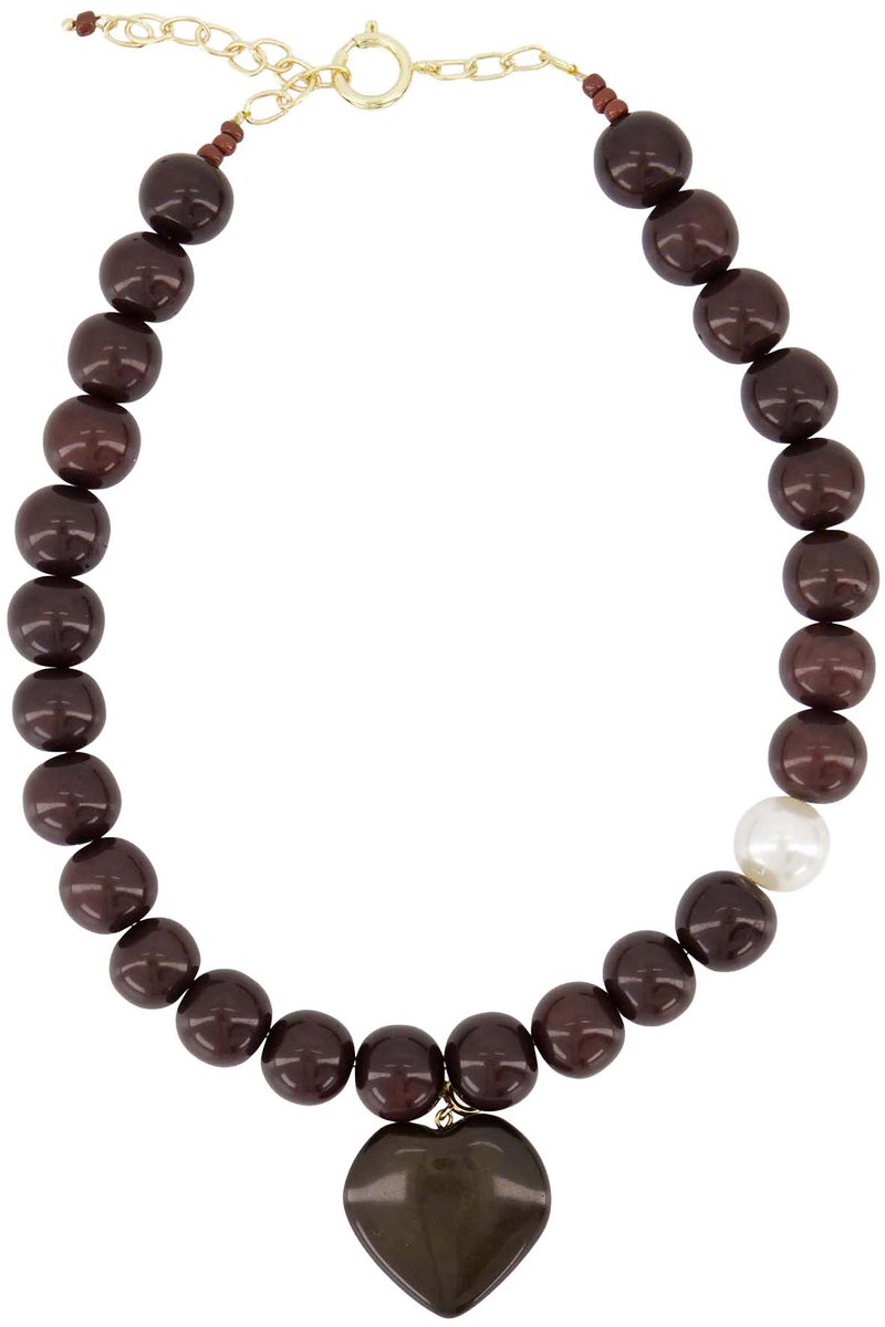 Zusss Chunky Bead Necklace With Heart Charm Resin / Metaal Dark Choco