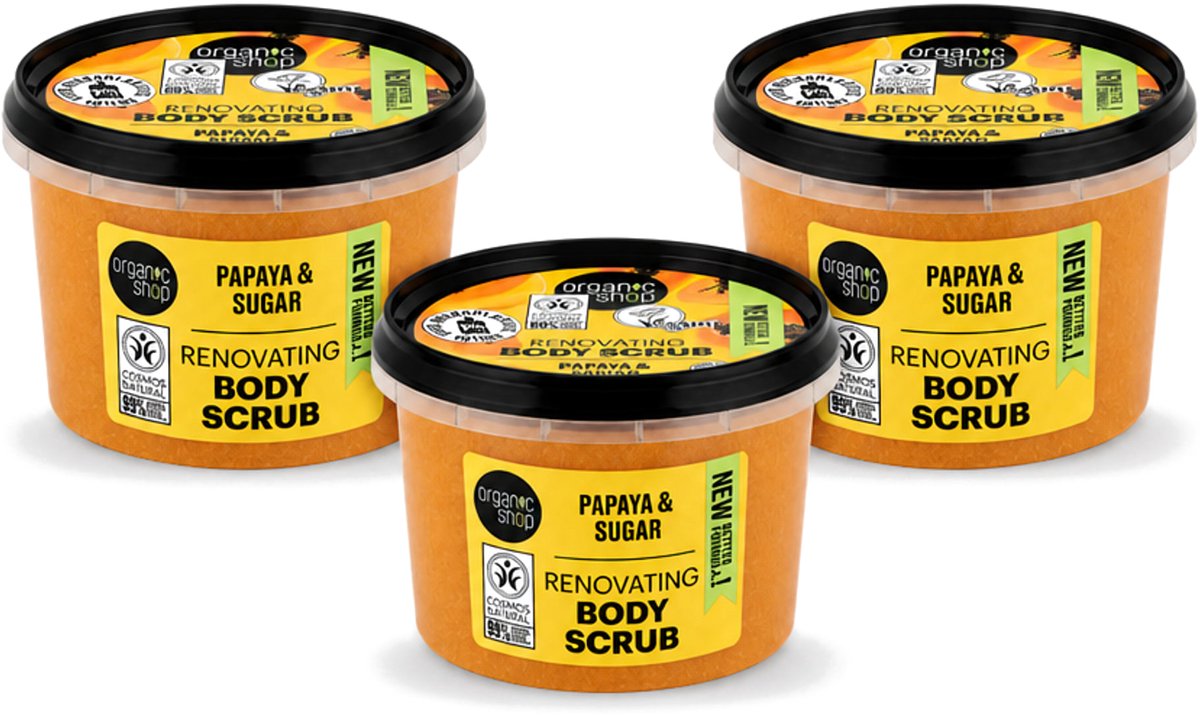 3 x Organic Shop - Body Scrub Papaya - Exfoliërend en Hydraterend - 250 ml - Voordeelverpakking - 3 stuks