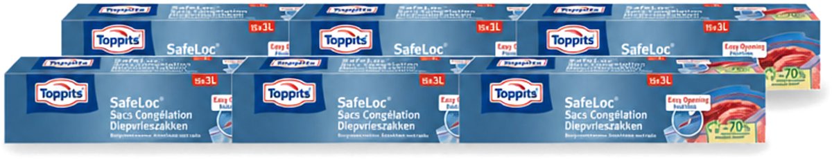 6 x Toppits – Safeloc Zip-Diepvrieszakken – 3 Liter – 15 Zakjes - Voordeelverpakking - 6 stuks