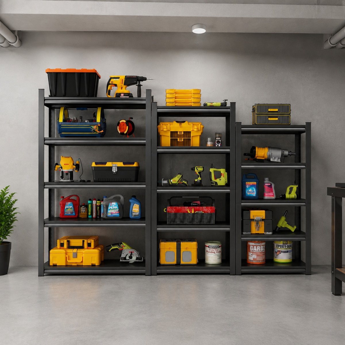 MEUNIQ metalen stellingkast met 5 verstelbare niveaus – 198 x 120 x 45,7 cm, 650 kg draagvermogen, open industriële opbergkast voor garage en werkplaats, zwart