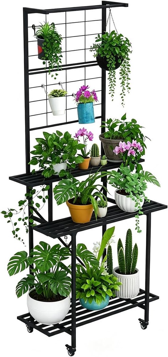 3-laags metalen plantenstandaard - Stevige plantenrek - Vrijstaande displaystandaard - voor huis en tuin - Zwart