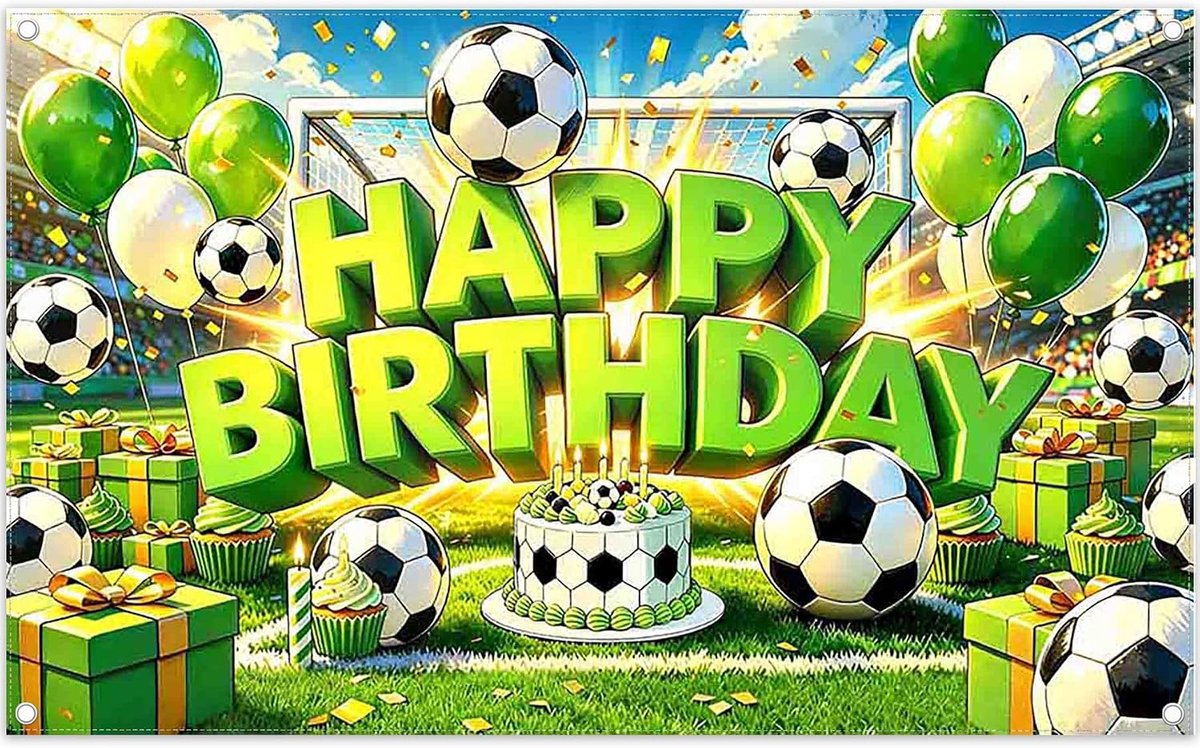 Voetbalachtergrond "Happy Birthday", 1,8 x 1,1 m, fotografie-achtergrond, wandtapijt, sportveld met voetbal- en gazonthema, groen, feestdecoratie, fotorekwisieten