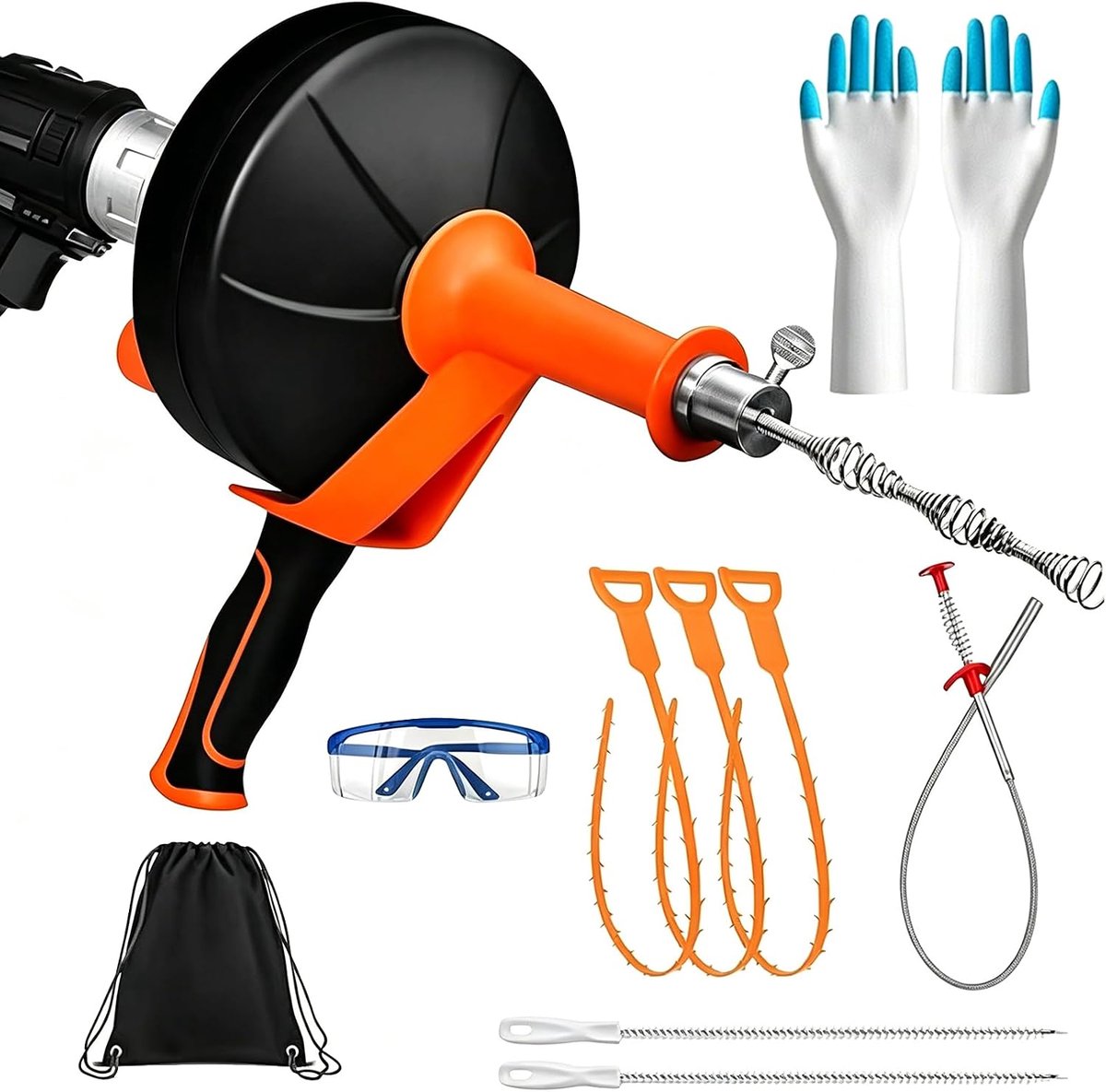 Buisreinigingsspiraal 13 m, handmatig en geschikt voor boormachine, afvoerspiraalset met grijptang, borstels en handschoenen, buisreiniger voor keuken, badkamer en douche