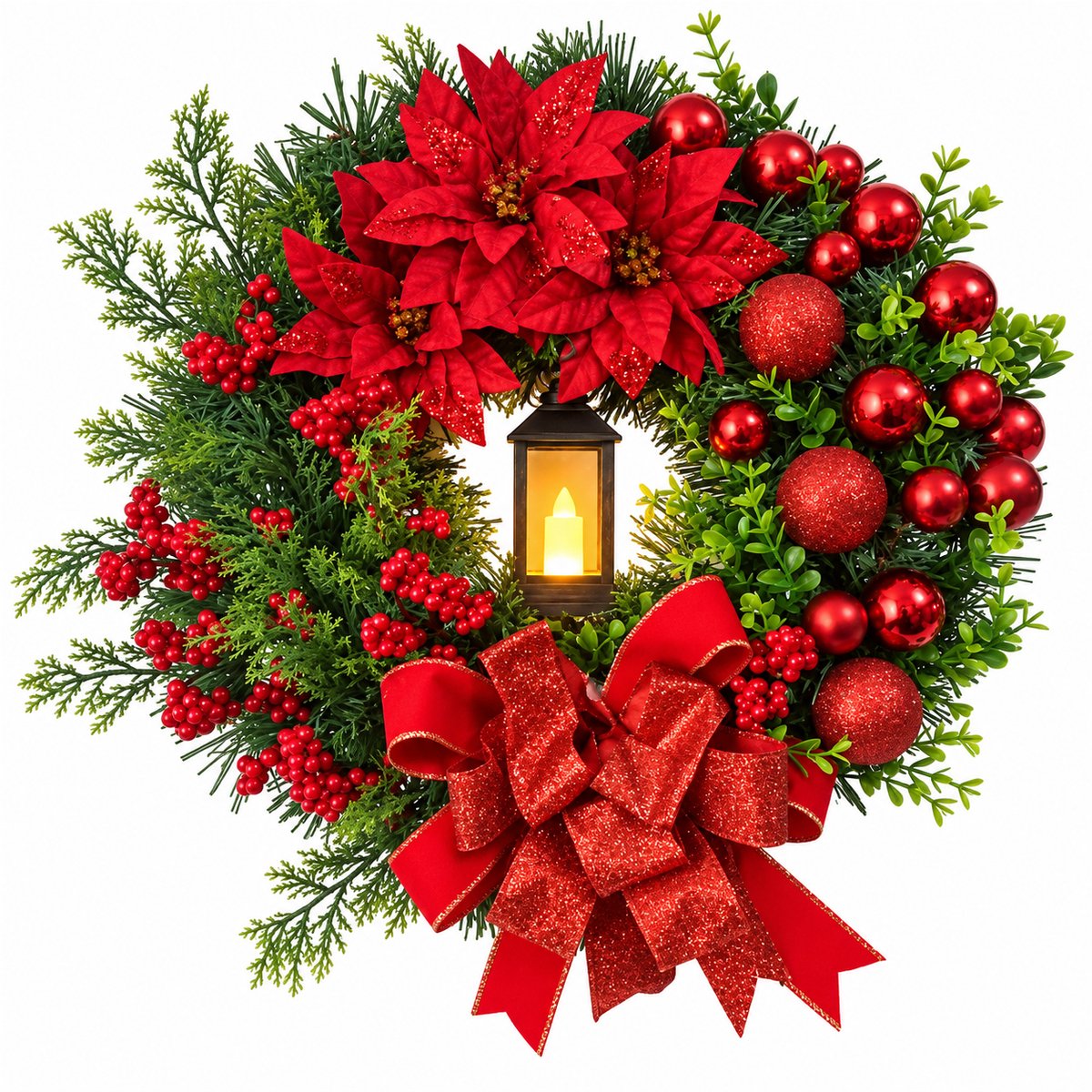 Kerstkrans met Verlichting en Strik - Hangende Deurdecoratie - voor Kerst Feestdecoratie - 35cm