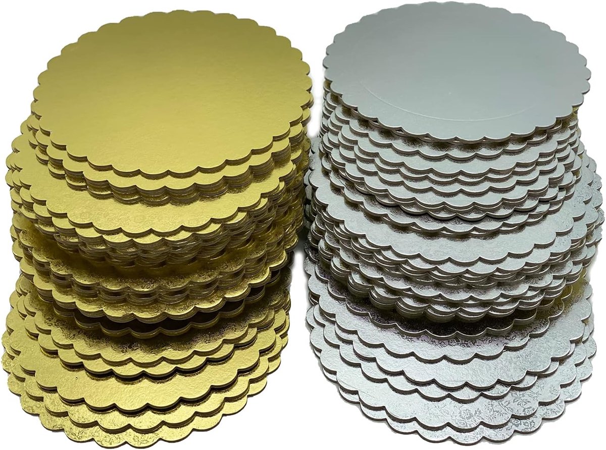 borden set taartbodem in goud EN zilver in 3 mm dik karton patroon met decoratieve rand gegolfd gekarteld in verschillende hoeveelheden voor het serveren, transporteren en stapelen van taarten en gebak