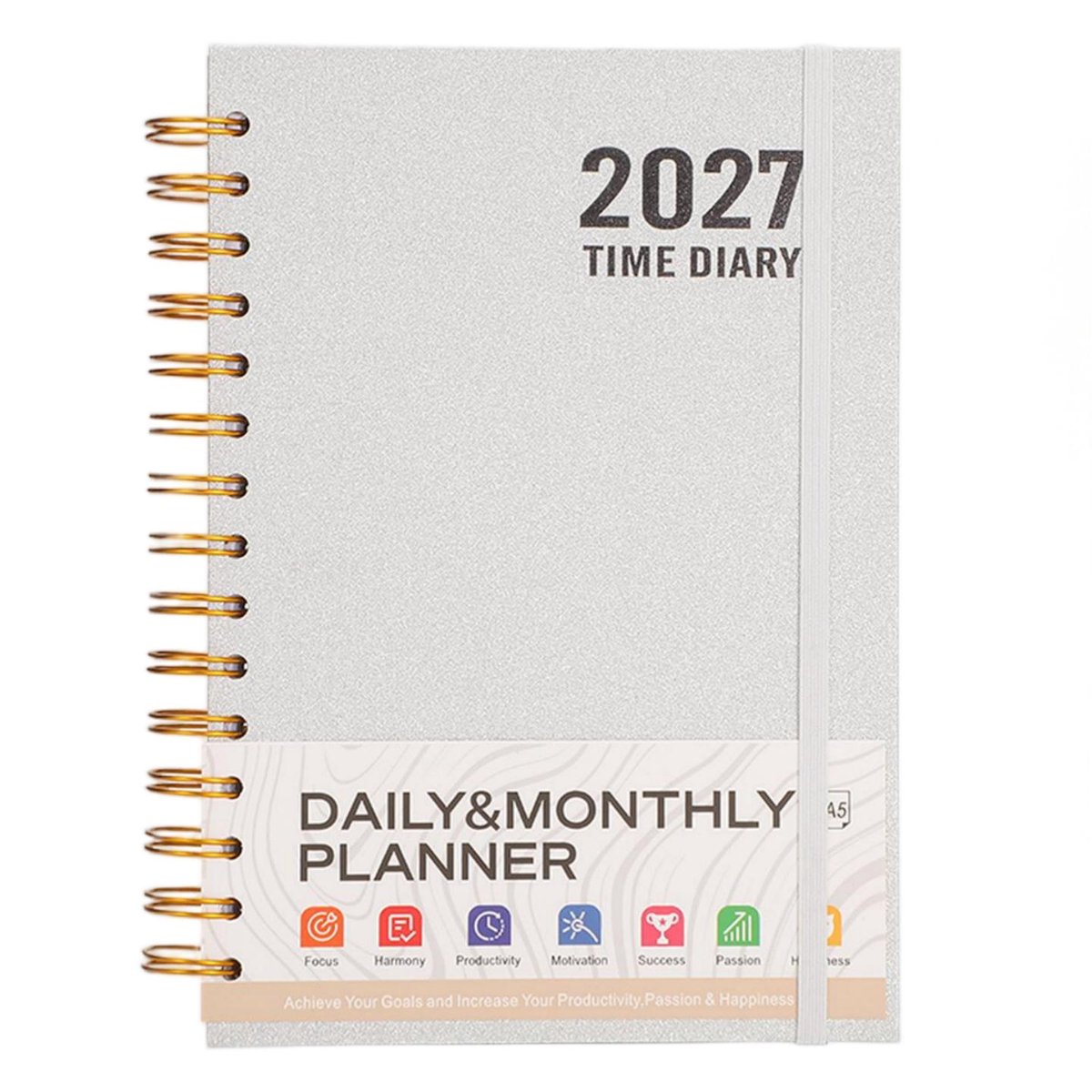 2027 Agenda – Dagelijkse & Maandelijkse Planner – Spiraalbinding met Elastische Band – Engelstalige Agenda & Notitieboek – Voor Werk, Studie & Persoonlijke Planning – A5 – 336 Pagina's – Wit– 1 Stuk
