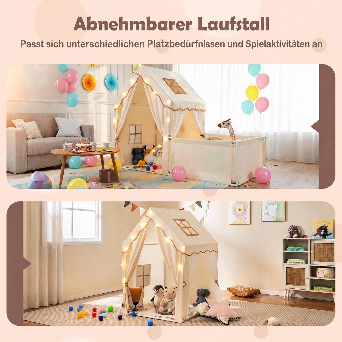 COSTWAY 2-in-1 kindertent met looprek, kinderspeelhuis voor binnen met mat & lichtketting, grote kinderspeeltent, speelgebied 177 x 97 x 136 cm, tent kinderkamer voor jongens en meisjes (beige) — cadeau in Spellen & Speelgoed - foto 8