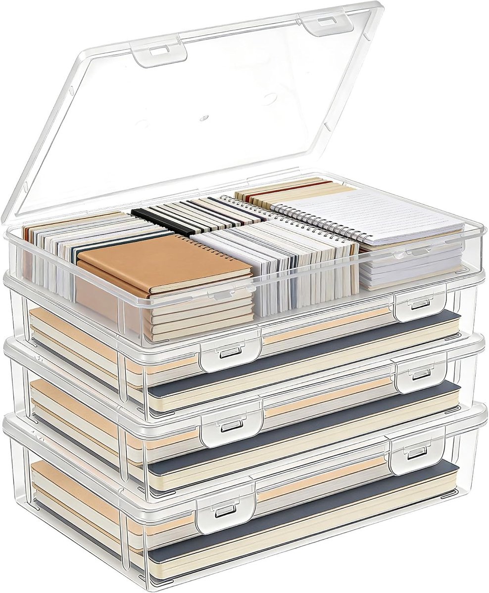 Set van 4 Transparante A5 Opbergdozen met Vergrendelbare Deksel - Stapelbare Organizers voor Documenten, Kantoorbenodigdheden, Foto's en Hobbyartikelen