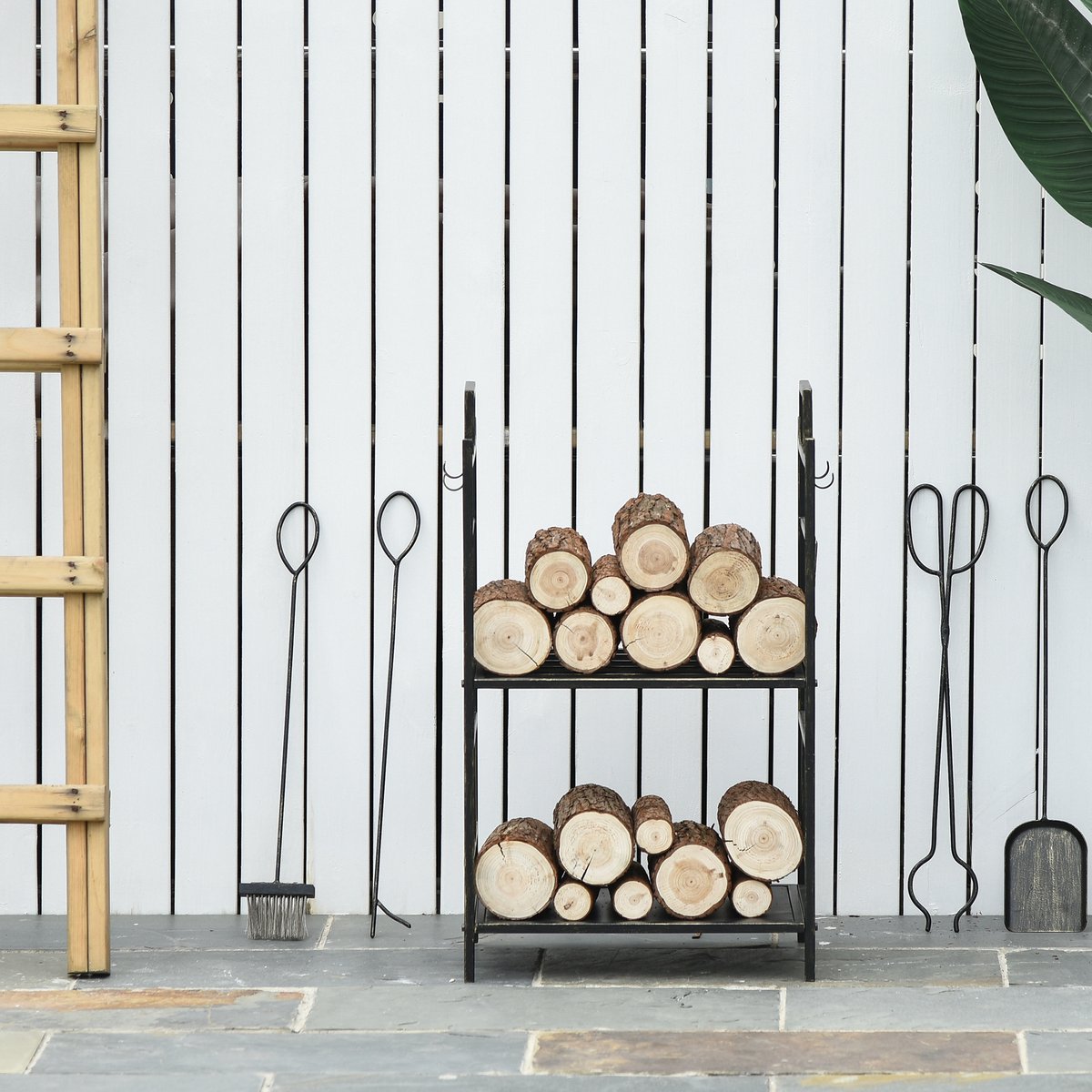 COVREO Haardhoutrek met haardset – Open rek met 2 lagen – Brandhoutopslag voor binnen en buiten – 51,5x33x77 cm – Goud zwart