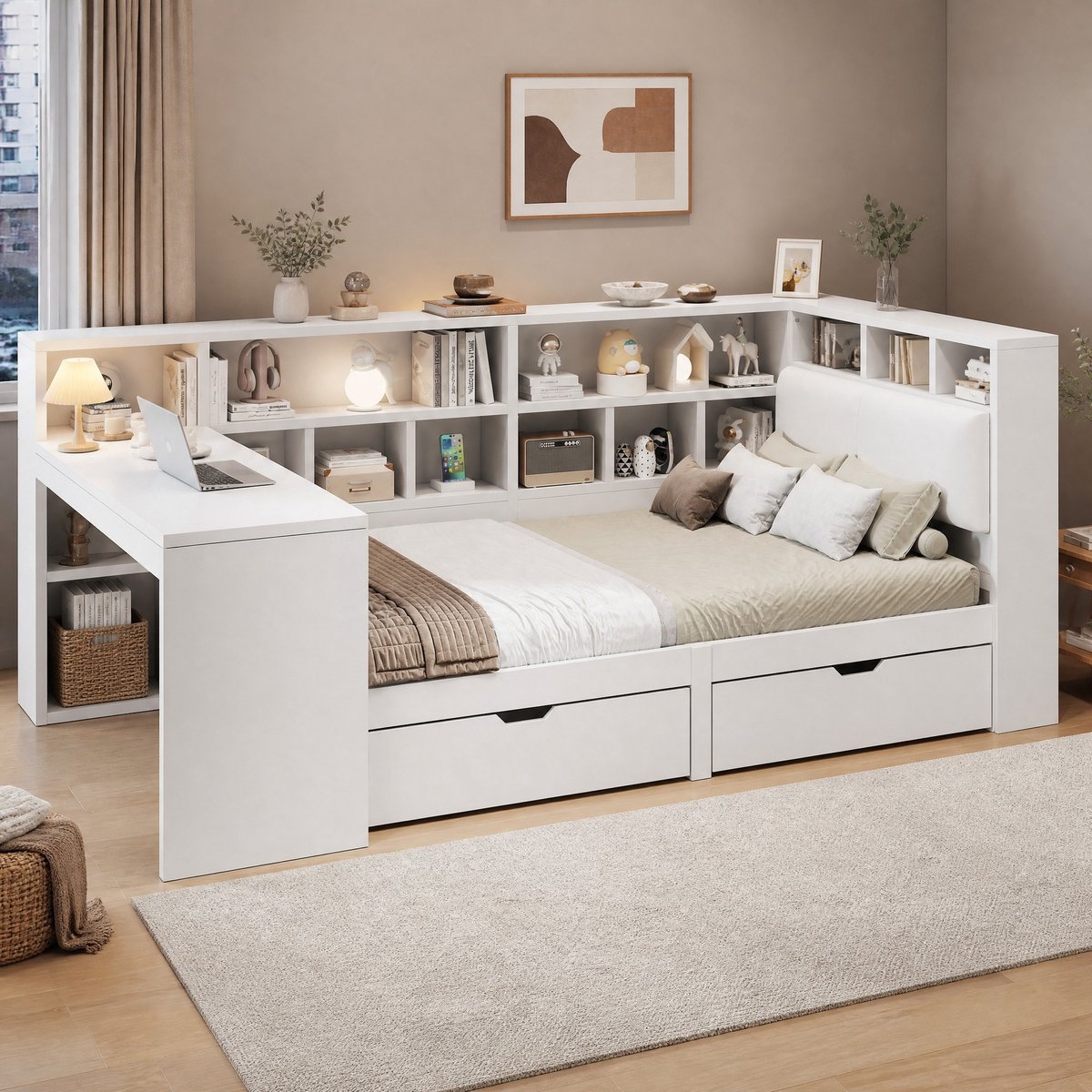 COVREO L-vormig bed met bureau – 260x167x90 cm – Bed van MDF en spaanplaat – met boekenkast en LED-verlichting – Wit - zonder matras