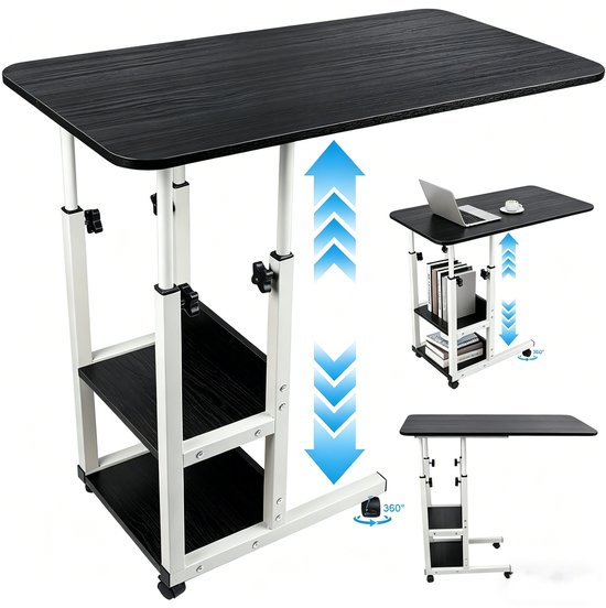 Zwarte laptoptafel op wieltjes met verstelbare hoogte, twee legplanken en illustraties die hoogteverstelling tonen.
